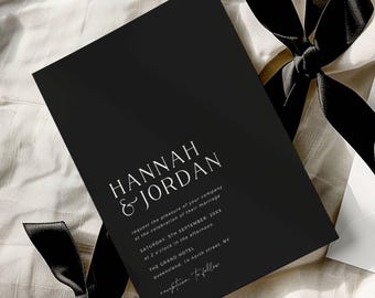 Modern Black Wedding Invitation Template, Printable Minimalist Black Wedding Invite, Instant Download