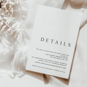 Plantilla de tarjeta de detalles de boda minimalista SARAH para descargar, tarjeta de detalles, plantilla de tarjeta de detalles de boda, plantilla de tarjeta de alojamiento, editable
