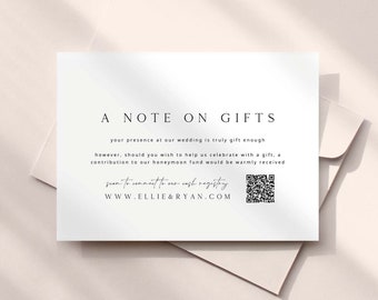 ELLIE A Note On Gifts With QR Code Card Template Download, Printable Wedding Invitation Enclosure Card, Wedding Wishing Well Card Template