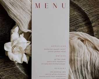 CELINE Terracotta Wedding Menu Template Download, Burnt Orange Wedding Menu Template, Minimal Rust Orange Wedding Menu, Fall Wedding Menu