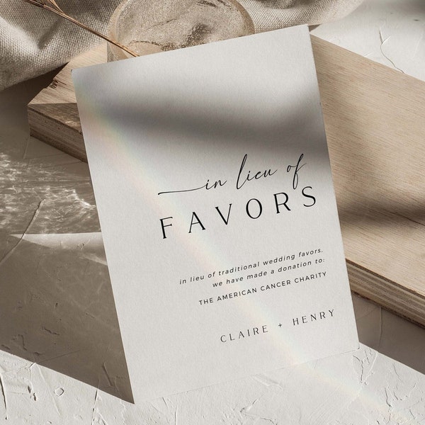 CLAIRE In Lieu Of Favors Sign Template Download, Minimal Wedding Charity Donation Sign Template, Printable Donation Instead Sign Template