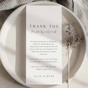 Plantilla de tarjeta de agradecimiento minimalista para mesa de boda de ELLIE, nota de agradecimiento sencilla en servilleta, carta de agradecimiento imprimible para menú de boda (hazlo tú mismo)