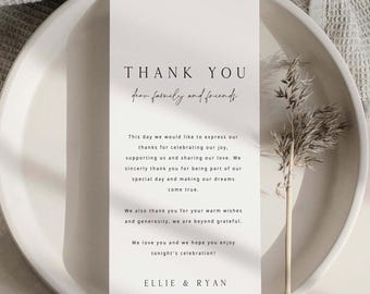ELLIE Minimal Wedding Table Thank You Card Template Download, Simple Thank You Napkin Note, Printable Wedding Menu Thank You Letter DIY