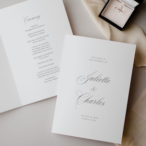 JULIETTE Gammalt pengarhäfte Bröllopsprogrammall, Elegant kyrkhäfte Bröllopsprogram, Omedelbar Nedladdning
