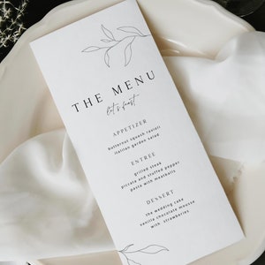 Plantilla de menú de boda minimalista con motivos botánicos de ANNIE, descarga de plantilla de menú de boda de bellas artes modernas, menú de boda sencillo, menú de boda elegante
