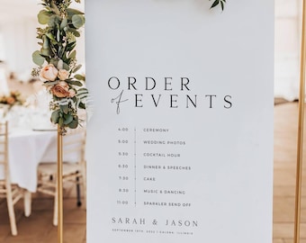 Plantilla minimalista de letrero de orden de eventos de SARAH, letrero imprimible con cronograma de eventos de boda, letrero elegante con horario de boda, orden del día