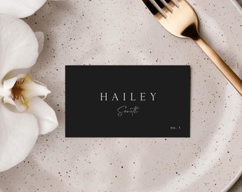 ELLIE Black Wedding Place Cards: Editable Printable Seating Flat And Tent Fold Guest Tags Template