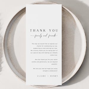 CLAIRE Minimal Hochzeit Tisch Danke Karte Vorlage Download, Einfache Danke Serviette Note, Printable Hochzeitsmenü Danke Buchstabe DIY