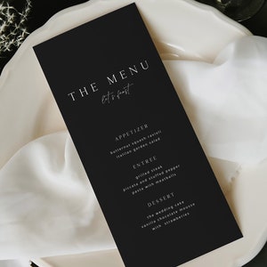 Menú de boda minimalista moderno de ELLIE, descarga de plantilla de menú de boda en negro, menú de boda simple, menú de boda en negro imprimible, descarga instantánea