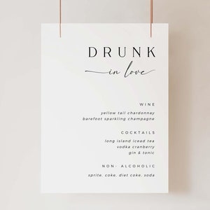 CLAIRE Minimal Modern Wedding Bar Menu Template Download, Minimalist Bar Menu Wedding Sign Template, Drunk In Love Wedding Bar Menu Template