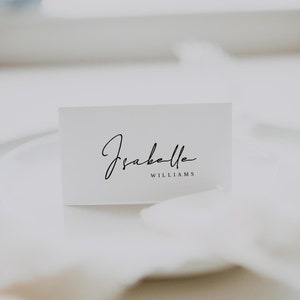 Tarjeta de nombre de mesa minimalista, tarjetas de lugar para bodas, etiqueta para invitados plegable, plantilla de asientos editable, tarjeta de nombre imprimible, plana y plegable