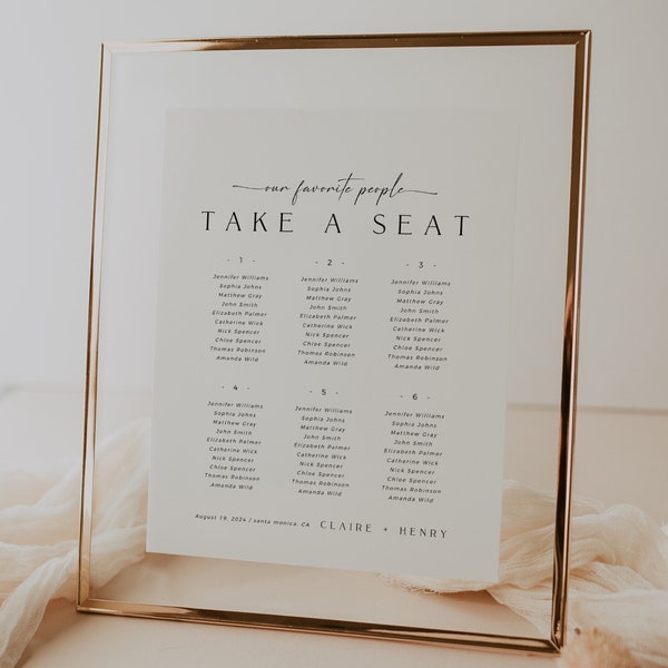 CLAIRE Small Wedding Seating Chart Template, Minimal Modern Seating Chart, Wedding Seating Chart 6 Tables, 8x10 Seating Chart Template