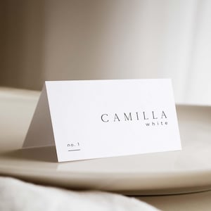 Tarjeta de nombre de mesa minimalista SARAH, tarjetas de lugar para bodas, etiqueta para invitados plegable, plantilla de asientos editable, tarjeta Escord, plana y plegable