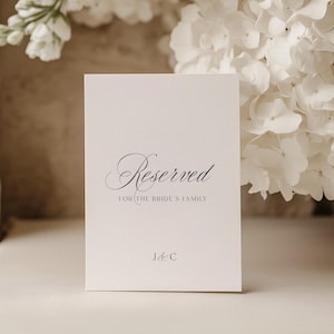 Könnte beinhalten: Eine rechteckige weiße Karte mit schwarzem Text, der Reserved FOR THE BRIDE'S FAMILY und J & C am unteren Rand lautet. Die Karte steht vor einem großen Büschel weißer Hortensienblüten mit weichen, abgerundeten Blütenblättern und grünen Stielen.