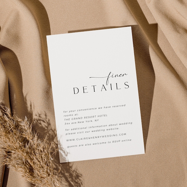 CLAIRE Minimal Wedding Details Card Template Download, The Details Card, Wedding Details Card Template, Accomodation Card Template, Editable