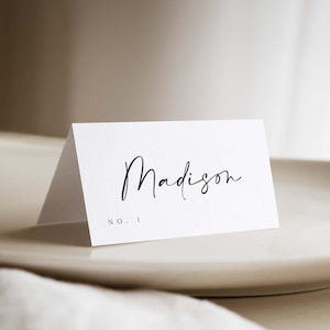 Plantilla de tarjeta de nombre de mesa moderna minimalista CHRISTINE, tarjetas de lugar de boda imprimibles, etiqueta para invitados de boda, plantilla de asientos editable, íconos de comida