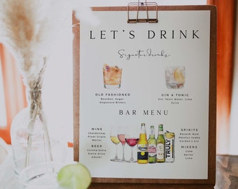 Modèle de menu de barre modifiable moderne SARAH, modèle de signe de boissons de signature, signe de cocktails de signature moderne, signe de menu de barre de mariage minimaliste