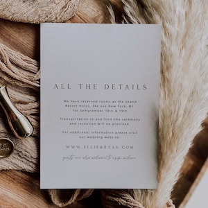 Plantilla de tarjeta de detalles de boda minimalista ELLIE para descargar, tarjeta de detalles, plantilla de tarjeta de detalles de boda, plantilla de tarjeta de alojamiento, editable