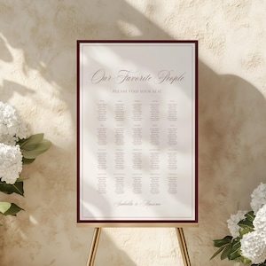 May include: A vertical rectangular wedding seating chart sign with a dark burgundy border on a gold tripod stand. The white sign features the text Our Favorite People, Please Find Your Seat, and Isabella & Massimo, with columns of guest names.