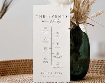 ELLIE Minimal Wedding Order Of Events Card Template Download, Printable Wedding Timeline Card With Icons Template, Wedding Schedule Card