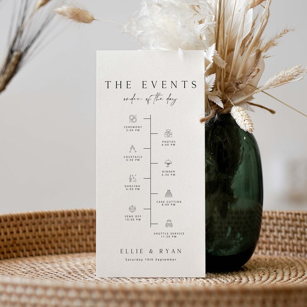 ELLIE Minimal Wedding Order Of Events Card Template Download, Printable Wedding Timeline Card With Icons Template, Wedding Schedule Card