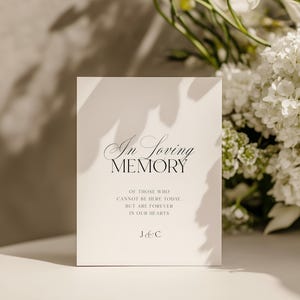 Può includere: Un biglietto bianco con la scritta "In Loving Memory" e un messaggio toccante, accompagnato da fiori bianchi. Il messaggio sul biglietto recita: "Di coloro che non possono essere qui oggi, ma che sono per sempre nei nostri cuori". Le iniziali "J & C" sono in basso.