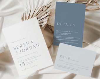 Dusty Blue Wedding Invitation Suite Template, Minimalist Wedding Invitation Template, Wedding Invitation With Rsvp, Editable Invitation Set