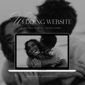 Könnte beinhalten: Schwarz-Weiß-Bild eines Laptops, der eine Vorlage für eine Hochzeitswebsite anzeigt. Die Website zeigt ein Foto eines Paares. Auf dem Bildschirm steht "Sophia & Olivier". Die Wörter "WEDDING WEBSITE" und "EDITABLE IN CANVA - INSTANT ACCESS" sind ebenfalls sichtbar.