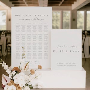 Puede incluir: Dos letreros de boda blancos con texto negro. El letrero más grande dice "OUR FAVORITE PEOPLE" y enumera nombres debajo de los números de mesa. El letrero más pequeño dice "welcome to our wedding" y los nombres "ELLIE & RYAN".