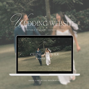 May include: A laptop screen displaying a wedding website template featuring a photograph of a couple running on grass. The text reads Wedding Website, Editable in Canva - Instant Access, Celine & Davide are getting married, and Demo link in the description.