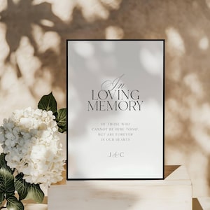 Puede incluir: Un letrero enmarcado en negro con la frase "In Loving Memory" en una fuente elegante. El texto continúa con "De aquellos que no pueden estar aquí hoy, pero que están para siempre en nuestros corazones" y las iniciales "J & C".