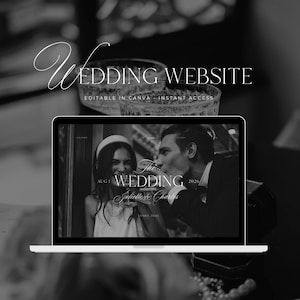 Peut inclure: Image en niveaux de gris d'un ordinateur portable affichant une maquette de site web de mariage. Le site web présente une photo d'un couple portant un toast au champagne. Le texte à l'écran indique "The Wedding" et "Juliette & Charles".
