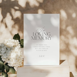 Puede incluir: Un letrero blanco con las palabras "In Loving Memory" en elegante escritura negra. El texto de abajo dice: "De aquellos que no pueden estar aquí hoy. Pero están para siempre en nuestros corazones." Un ramo de flores blancas está a la izquierda.