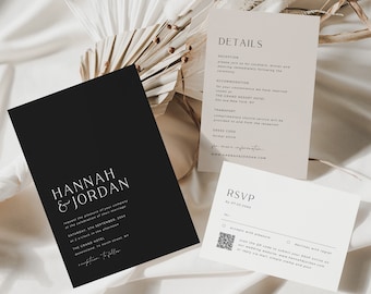 May include: Black and white wedding invitation with the names Hannah & Jordan. The invitation includes the date and time of the wedding, the location, and the dress code. A separate card provides details about the reception, accommodation, transportation, and RSVP information.