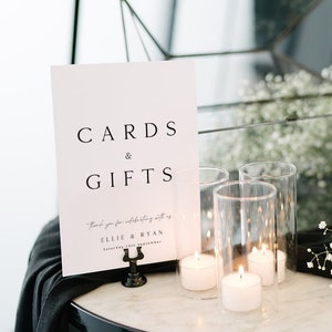 ELLIE Cartões e presentes minimalistas Modelo de placa de casamento para download, Cartões de recepção de casamento e placa de presentes, Cartões de mesa modernos e placa de presentes