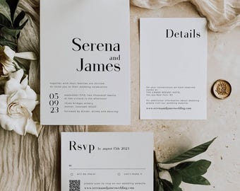 May include: A set of three minimalist wedding invitation cards. The main card features the names "Serena and James" in bold black font. Additional cards include details and RSVP information, all in a simple, elegant design.