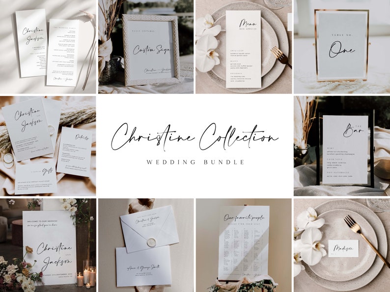 May include: A wedding stationery bundle with a minimalist design featuring the names "Christine Jackson" in a handwritten font. The bundle includes a welcome sign, table number, menu, bar menu, seating chart, and place cards.