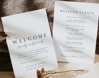 ELLIE Minimal Modern Wedding Itinerary Card Template Download, Simple Welcome Letter & Timeline Template, Wedding Order Of Events Card