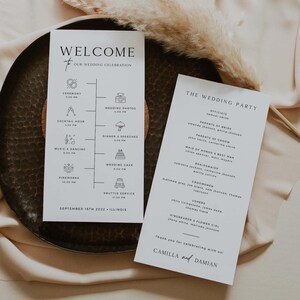 Modernes Hochzeitsprogramm und Timeline-Vorlage, minimaler Hochzeitsplan Timeline-Programm Tamplate Download, Hochzeitsprogramm mit DIY-Icons