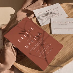 Plantilla de invitación de boda minimalista CELINE en terracota, conjunto de invitación de boda boho, conjunto de invitación de boda naranja quemado con RSVP