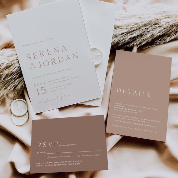 Beige Wedding Invitation Suite Template, Boho Minimalist Wedding Invitation Template, Wedding Invitation With Rsvp, Editable Invitation Set