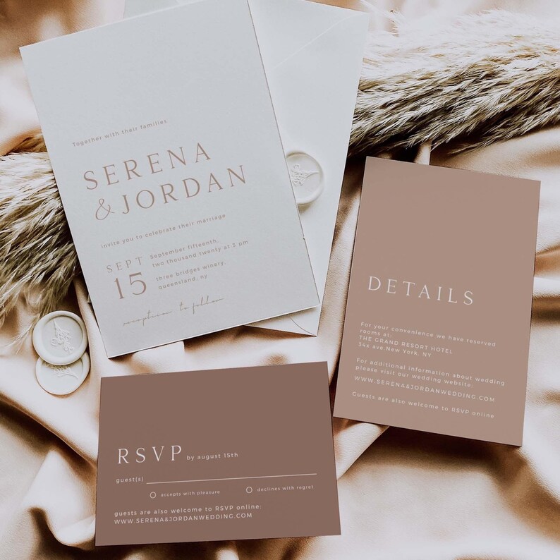 Beige Wedding Invitation Suite Template, Boho Minimalist Wedding Invitation Template, Wedding Invitation With Rsvp, Editable Invitation Set image 1