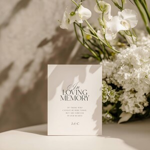 Op de afbeelding: Een witte kaart met de tekst "In Loving Memory" en de namen "J & C" onderaan. De kaart staat voor een boeket witte bloemen, met schaduwen op de achtergrond.