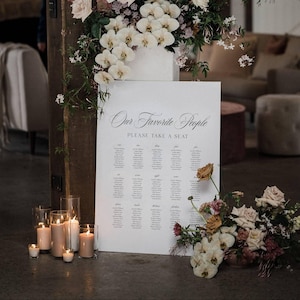May include: A white sign with the text "Our Favorite People" and "Please Take a Seat" in elegant script. The sign lists names, likely for a wedding or event. The scene includes candles, flowers, and a floral arrangement.