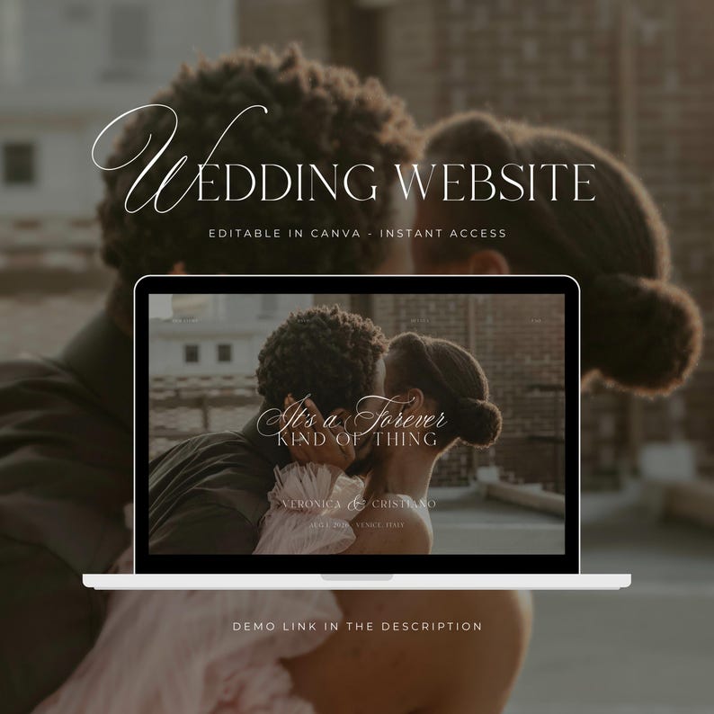 K&ouml;nnte beinhalten: Ein Laptop zeigt ein Hochzeitswebsite-Design mit dem Text "Wedding Website" und "It's a Forever Kind of Thing". Das Design zeigt ein Foto eines sich k&uuml;ssenden Paares. Die Worte "Editable in Canva - Instant Access" sind ebenfalls sichtbar.