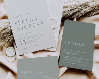 Minimal Sage Green Wedding Invitation Suite – Editable & Printable Template, Digital Download