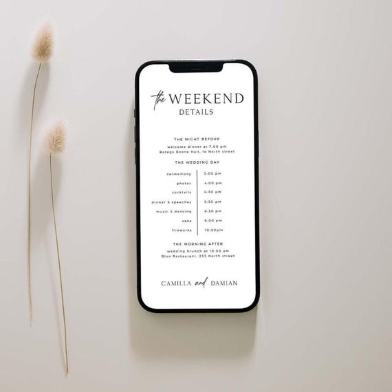 Digital Weddding Itinerary Template, Download,  Mobile Wedding Weekend Timeline,  Schedule Of Events, Electronic Order Of Events, Editable