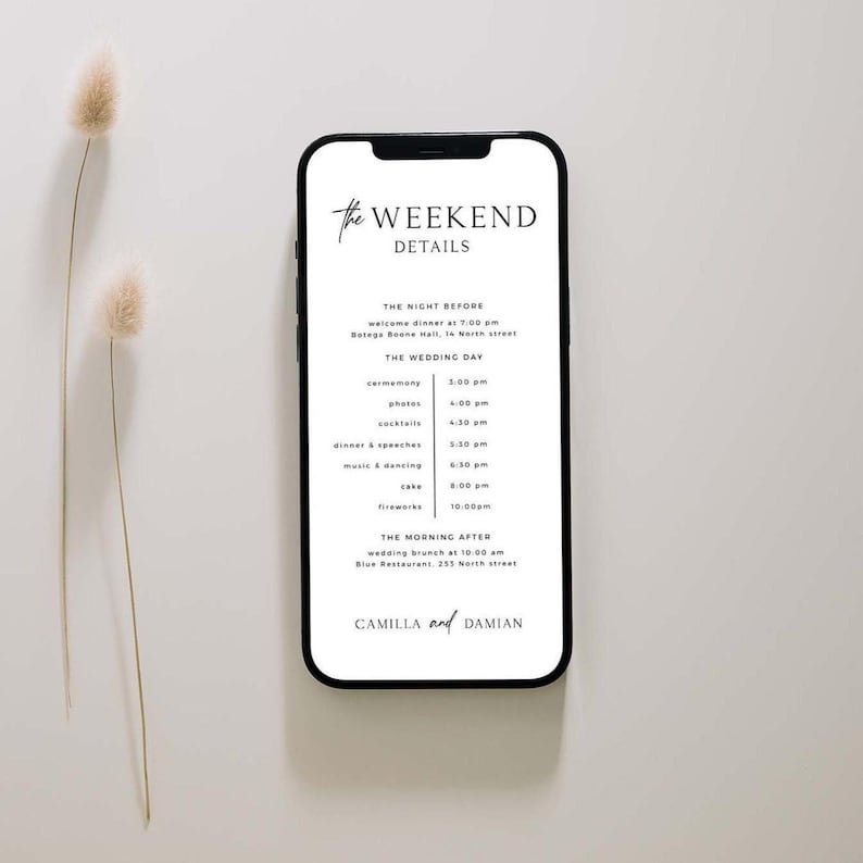 Digital Weddding Itinerary Template, Download, Mobile Wedding Weekend Timeline, Schedule Of Events, Electronic Order Of Events, Editable image 1