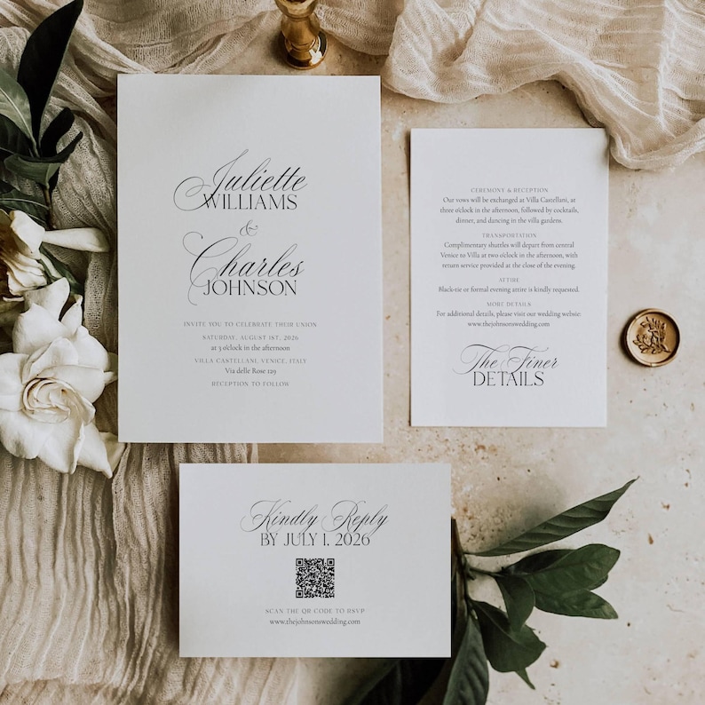 May include: Elegant wedding invitation suite with calligraphy text. The main card features the names "Juliette Williams & Charles Johnson." Additional cards include event details and a reply card with a QR code. The suite is on a neutral background.