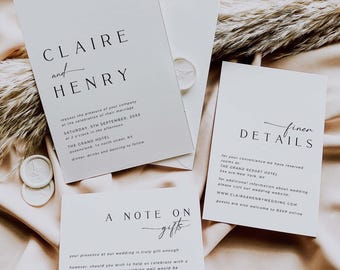 CLAIRE Minimal Wedding Invitation Suite Template, Modern Weding Invitation Tamplate, Wedding Invitation With Rsvp, Wedding Invitation Set